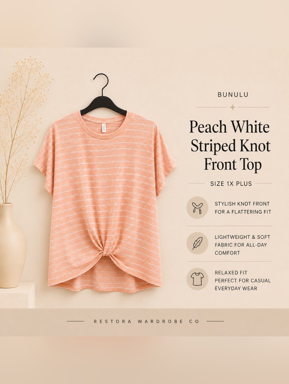BUNULU Peach White Striped Knot Front Top 1X Plus Size Lightweight Casual Tee